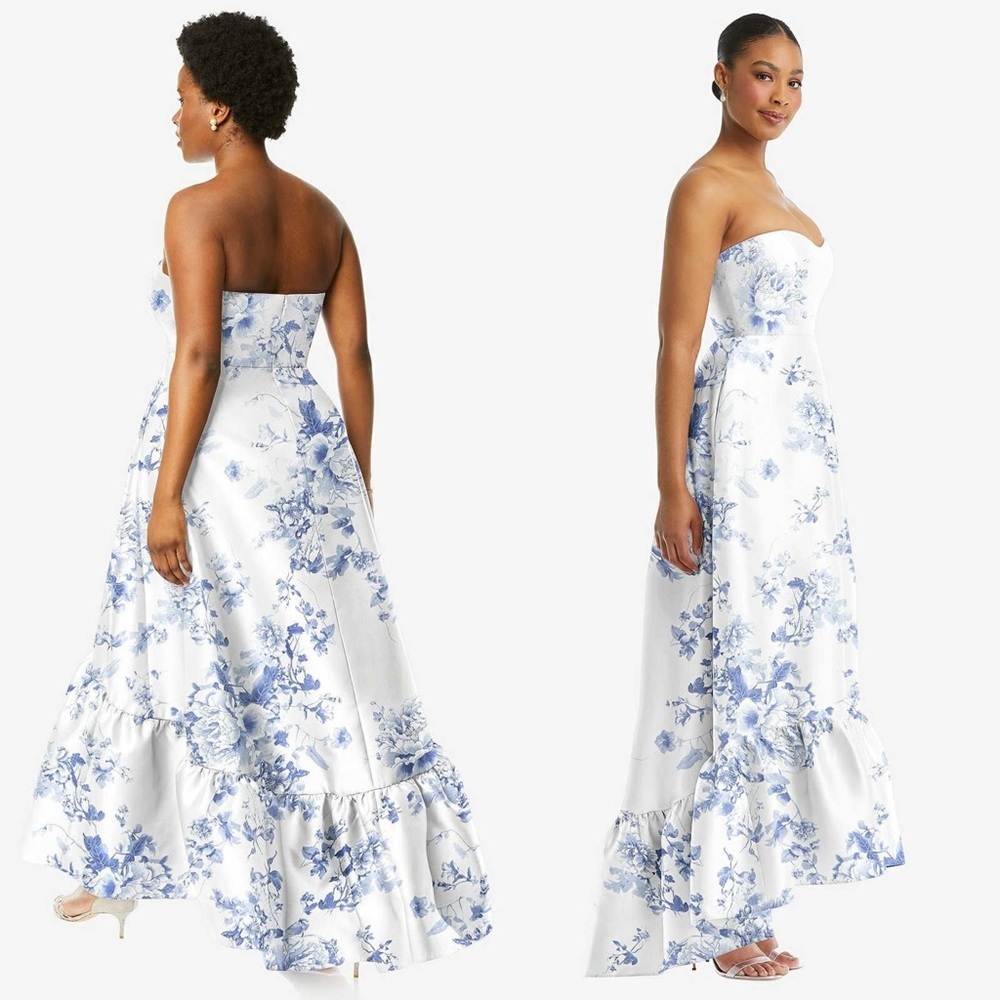 NWT ALFRED SUNG Floral Satin Twill Sweetheart Neck Strapless Ruffle Hem Gown 14 - Picture 3 of 7